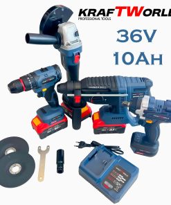Комплект Акумулаторни Безчеткови Машини 4в1 PowerMax от Kraftworld 36V 10Ah Ъглошлайф,Гайковерт,Винтоверт и Перфоратор
