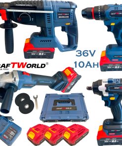 Комплект Акумулаторни Безчеткови Машини 4в1 PowerMax от Kraftworld 36V 10Ah Ъглошлайф,Гайковерт,Винтоверт и Перфоратор