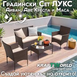 Луксозни Градински Мебели Kraftworld Garden – 2 кресла, диван и маса – Ратанов Комплект Луксозни Градински Мебели Kraftworld Garden – 2 кресла, диван и маса – Ратанов Комплект