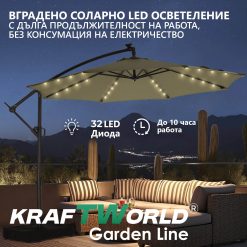 Луксозен чадър за градина Monaco | Висящ модел 3×3 м | Бежов | LED осветление | KraftWorld