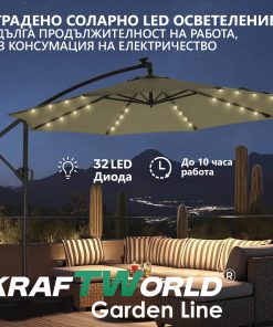Луксозен чадър за градина Monaco | Висящ модел 3×3 м | Бежов | LED осветление | KraftWorld