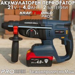 Перфоратор Kraftworld Pro Brushless – акумулаторен 21V с куфар, зарядно и 2 батерии Перфоратор Kraftworld Pro Brushless – акумулаторен 21V с куфар, зарядно и 2 батерии