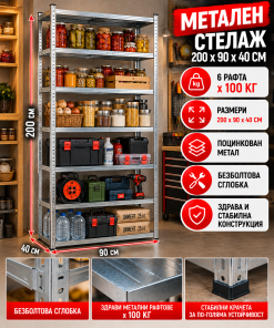Метален стелаж 6 рафта 200x90x40см / до 100кг на рафт
