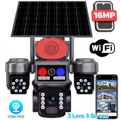 СОЛАРНА ВЪНШНА WiFi КАМЕРА С ТРИ ОБЕКТИВА И АЛАРМА – ТРОЙНА WIFI КАМЕРА 16MP SUNVISION