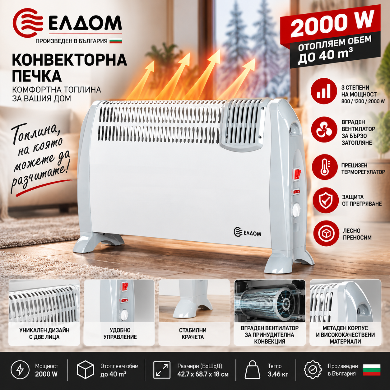Стоящ конвектор с вентилатор Елдом CFV2000 Бял / 2000 W Стоящ конвектор с вентилатор Елдом CFV2000 Бял / 2000 W