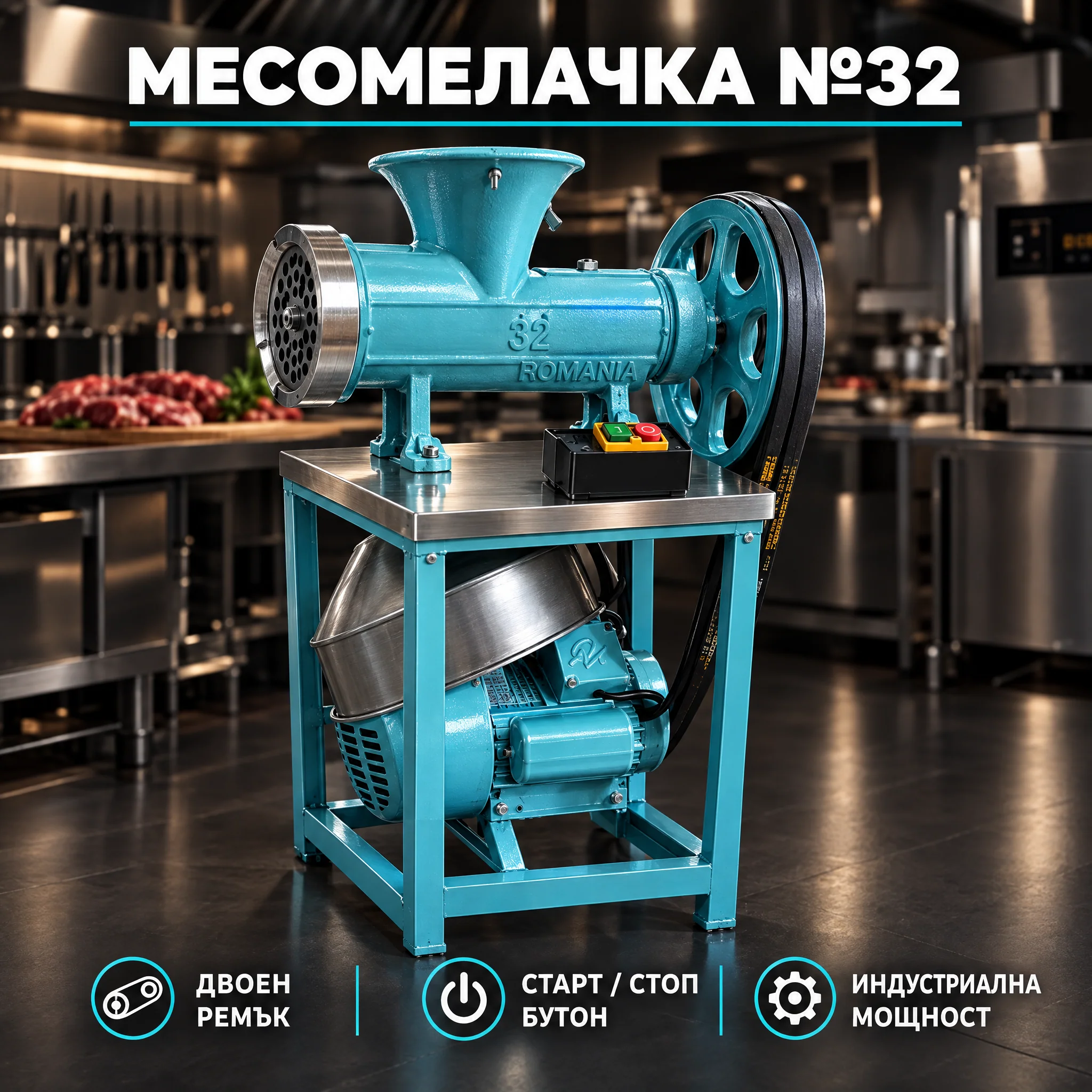 Електрическа месомелачка с двоен ремък, START/STOP бутон, метална конструкция и мощен електродвигател Електрическа месомелачка с двоен ремък, START/STOP бутон, метална конструкция и мощен електродвигател