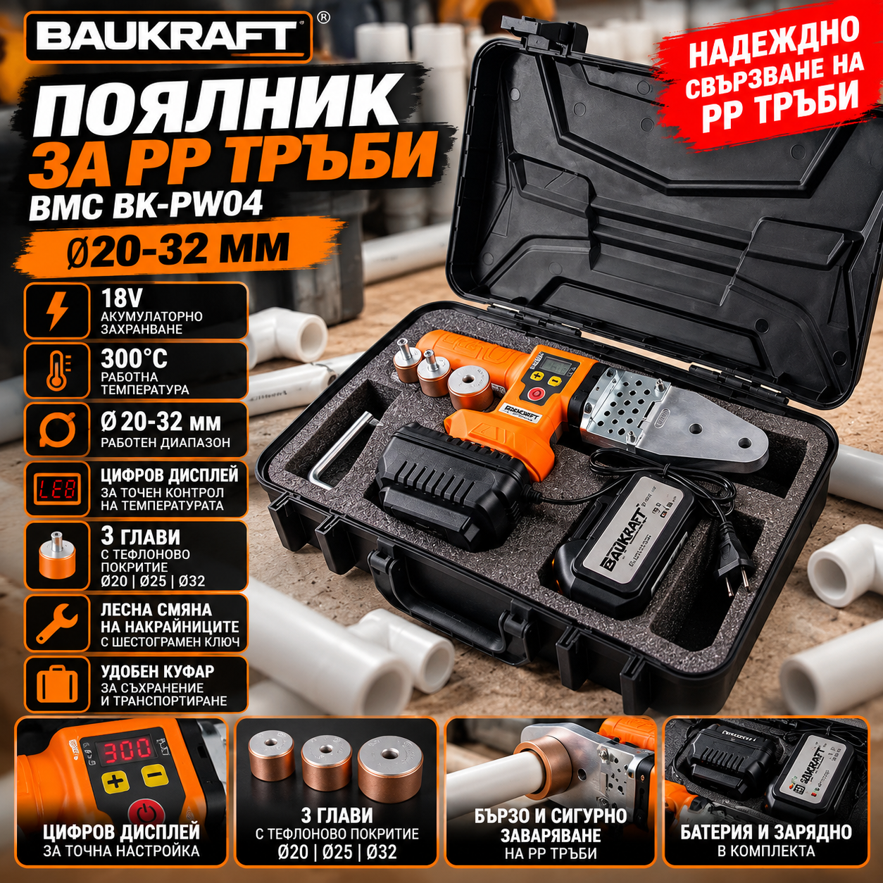 Поялник за PP тръби с 3 глави Baukraft BMC BK-PW04 ø20-32мм Поялник за PP тръби с 3 глави Baukraft BMC BK-PW04 ø20-32мм
