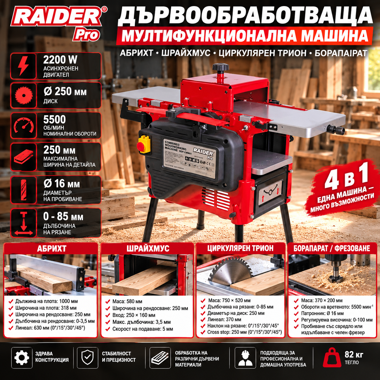 Мултифункционална дървообработваща машина Raider RDP-CWM01 2200W Мултифункционална дървообработваща машина Raider RDP-CWM01 2200W